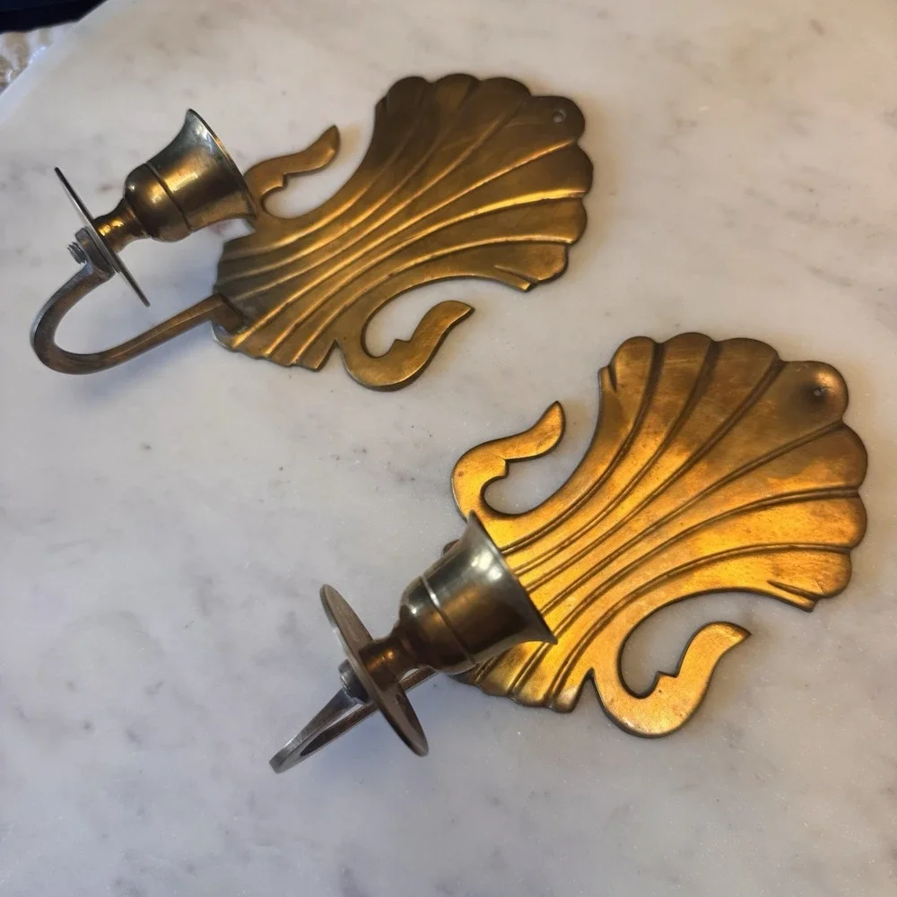 Pair Of Vintage Solid Brass Scalloped Shell Wall Sconce Candle Holders